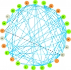 Пример корреляционной сети, показывающей взаимосвязь различных одноклеточных эукариот друг с другом в озере Байкал весной. Организмы определены при анализе гена 18S рРНК с помощью NGS. Под номерами указаны таксоны. Зеленым цветом – автотрофные; коричневым – гетеротрофные; серым – грибы. Синие линии – положительные корреляции; черные пунктирные – отрицательные.